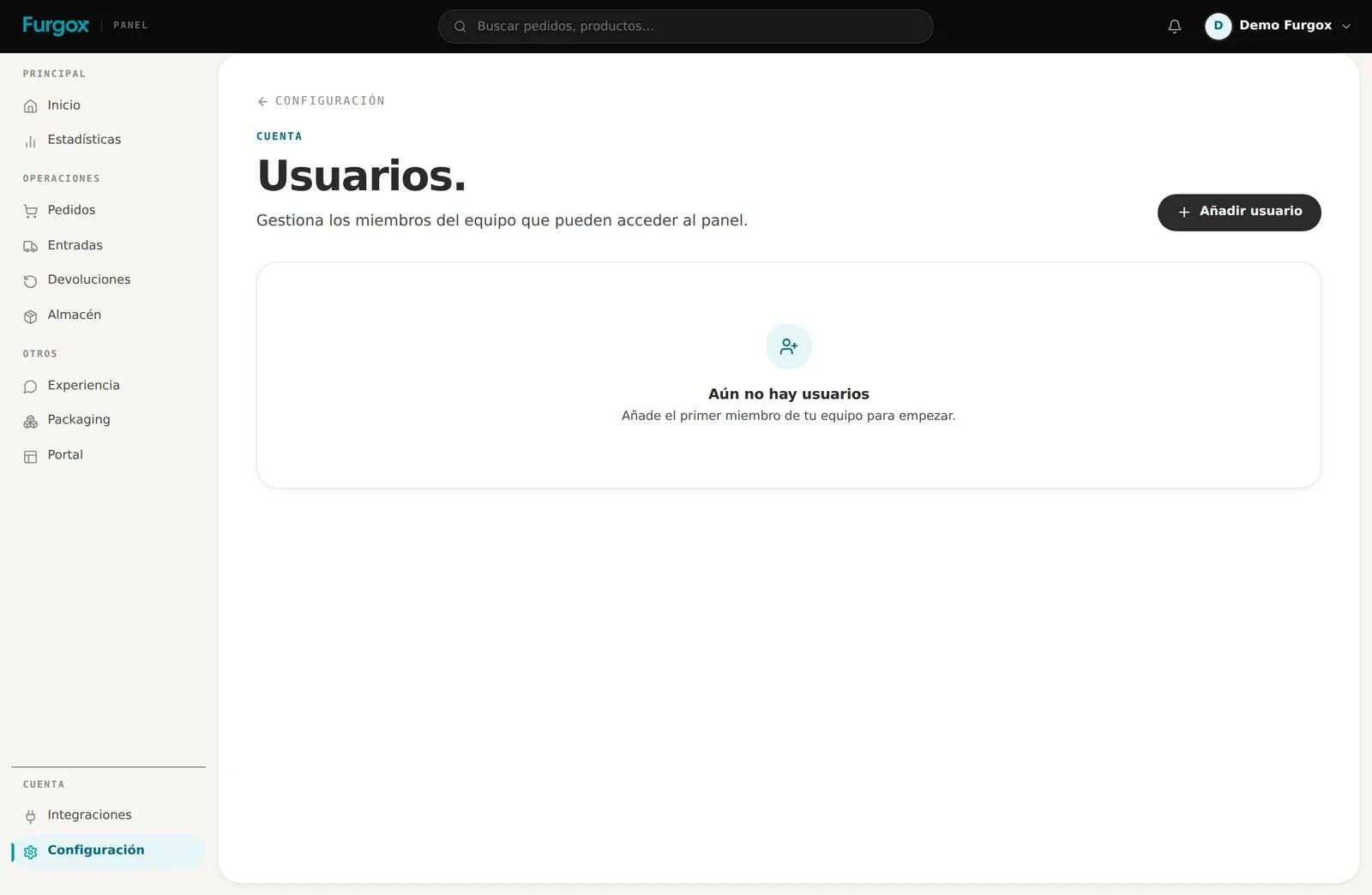Pantalla de usuarios del equipo en la configuración