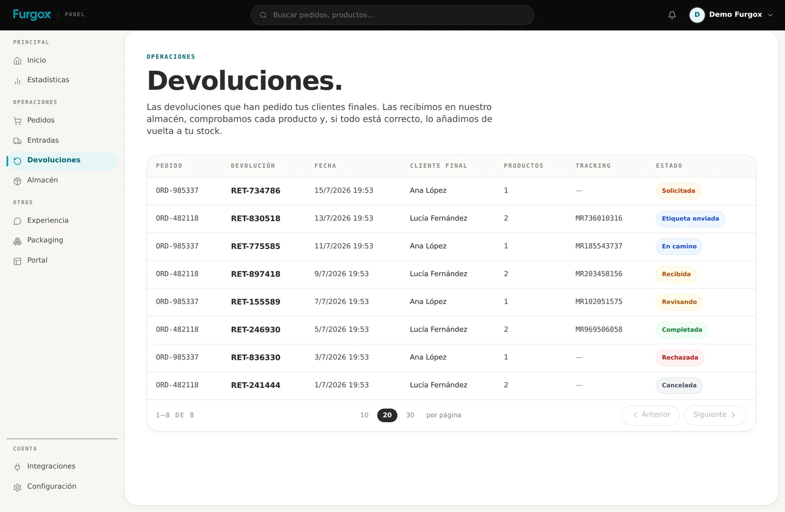 Listado de devoluciones con sus estados