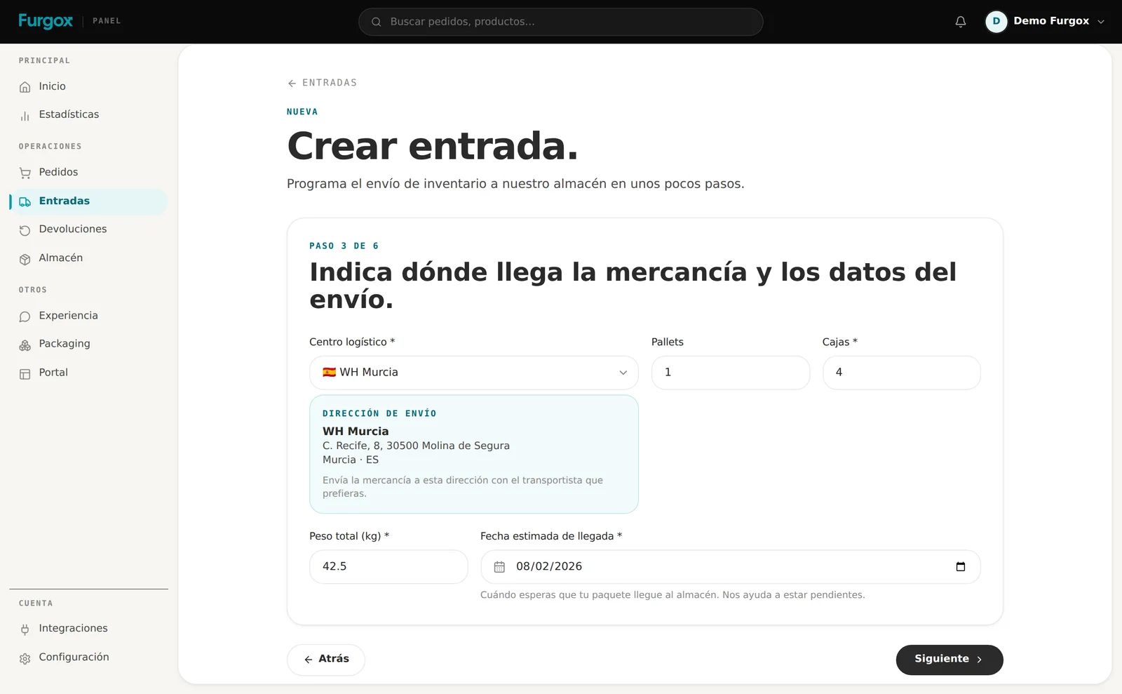 Paso 3: centro logístico, pallets, cajas y peso