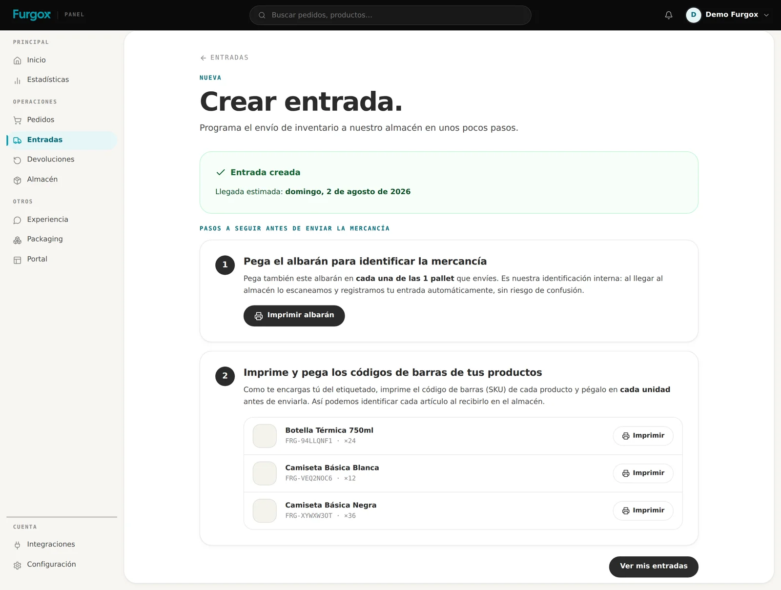 Pantalla final con el albarán y los códigos de barras a imprimir