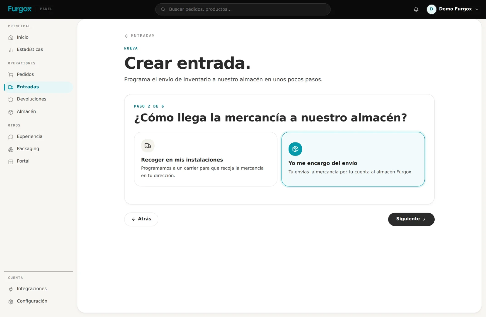 Paso 2 con la opción de enviar la mercancía por tu cuenta