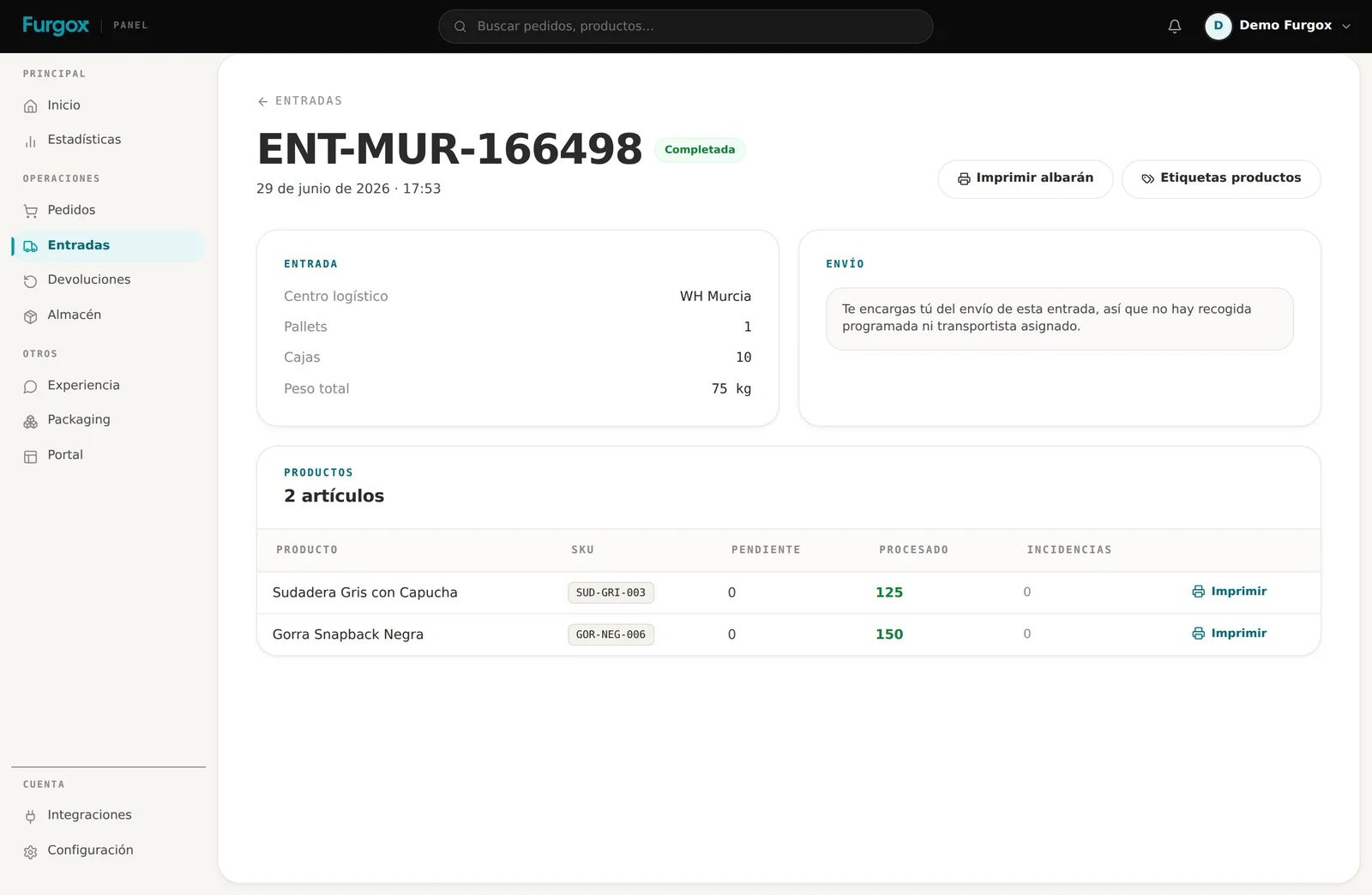 Ficha de una entrada completada con el desglose por producto