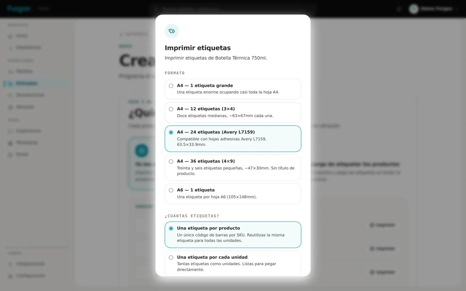 Selector de formato de etiquetas y número de copias
