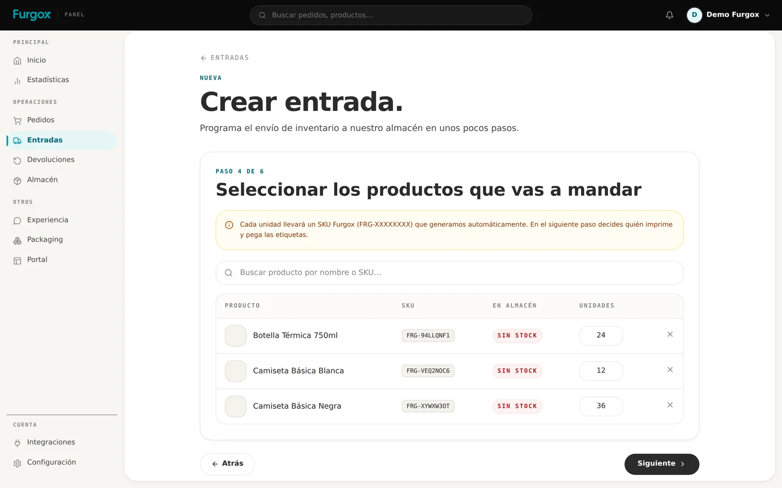 Paso 4: productos seleccionados con sus SKU y unidades