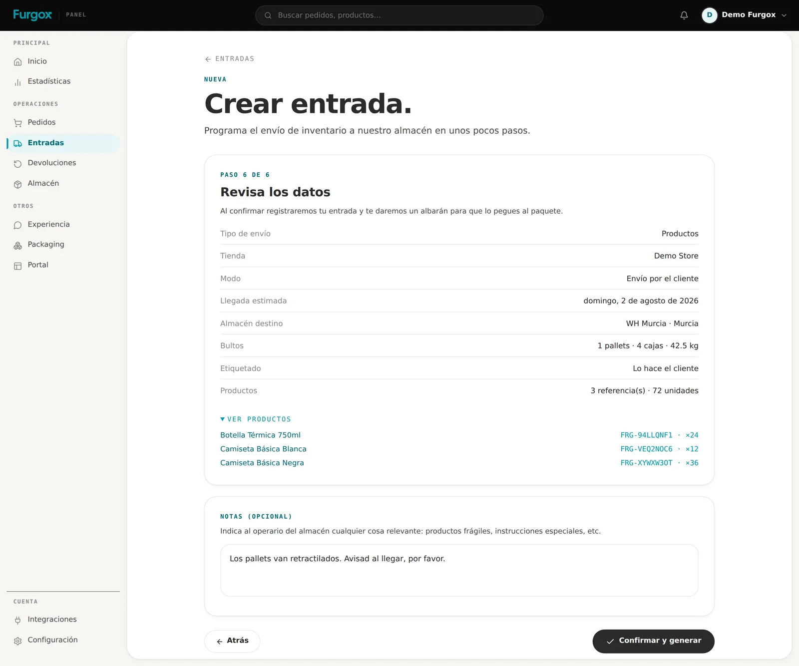 Paso 6: resumen de la entrada antes de confirmar
