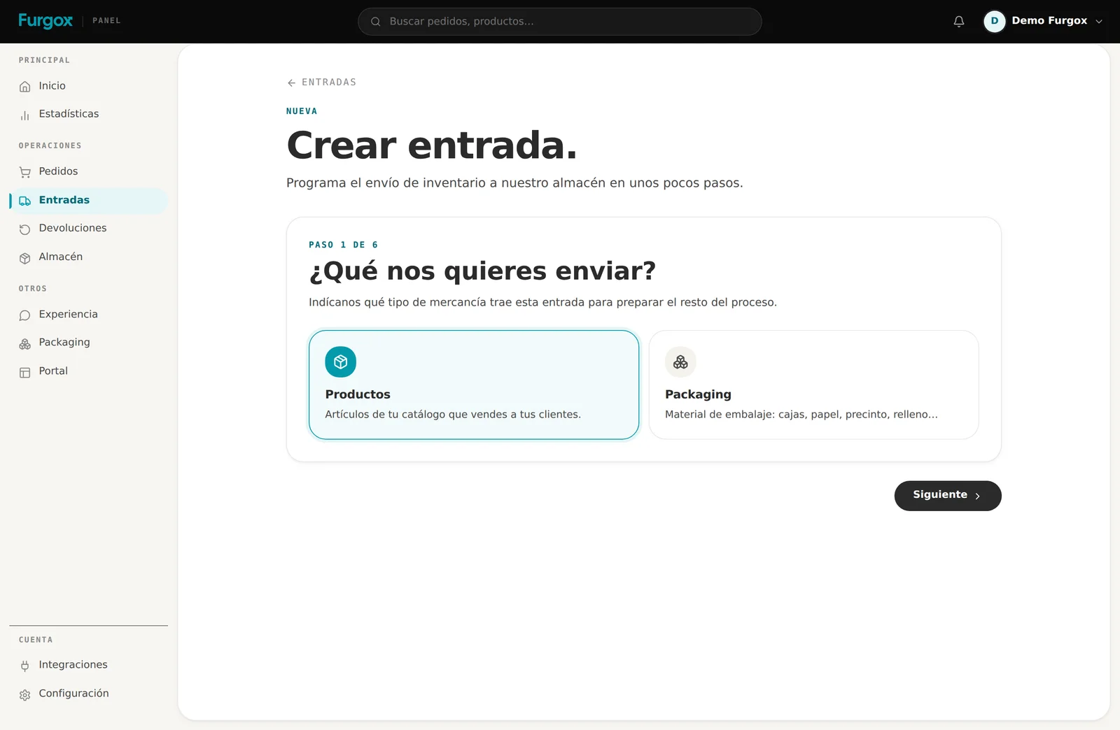 Paso 1 del asistente: elegir entre productos y packaging