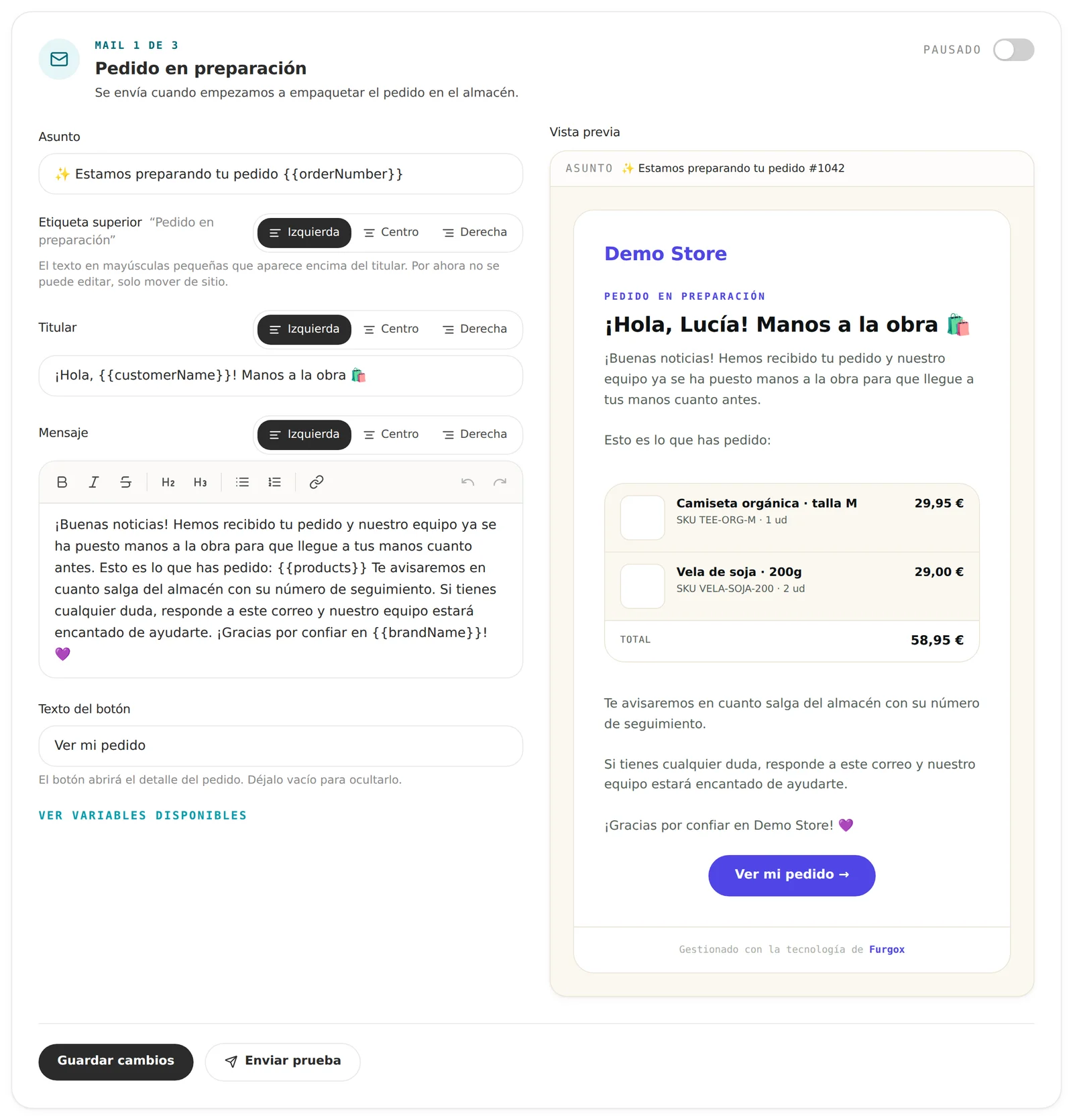 Editor de un email con su vista previa en vivo