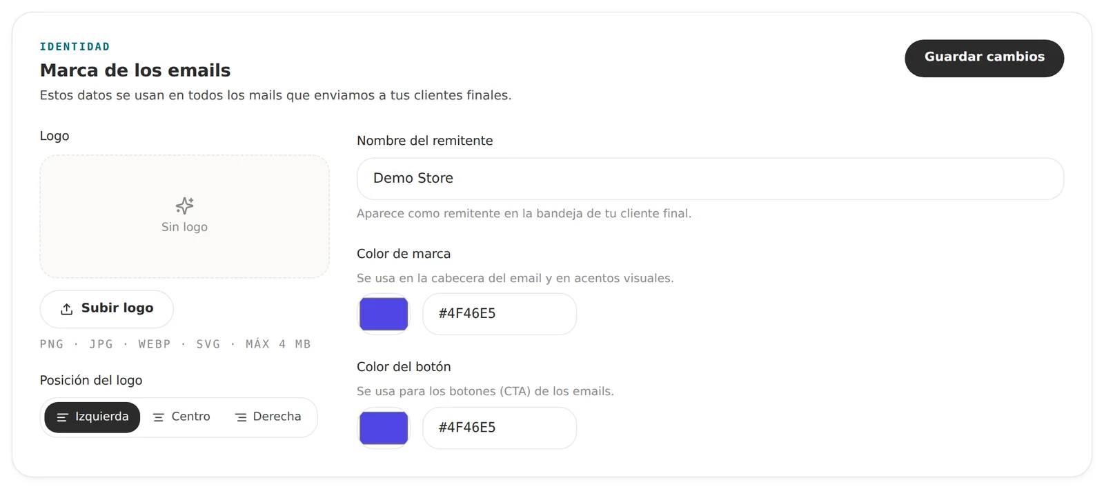 Configuración de logo, remitente y colores de los emails