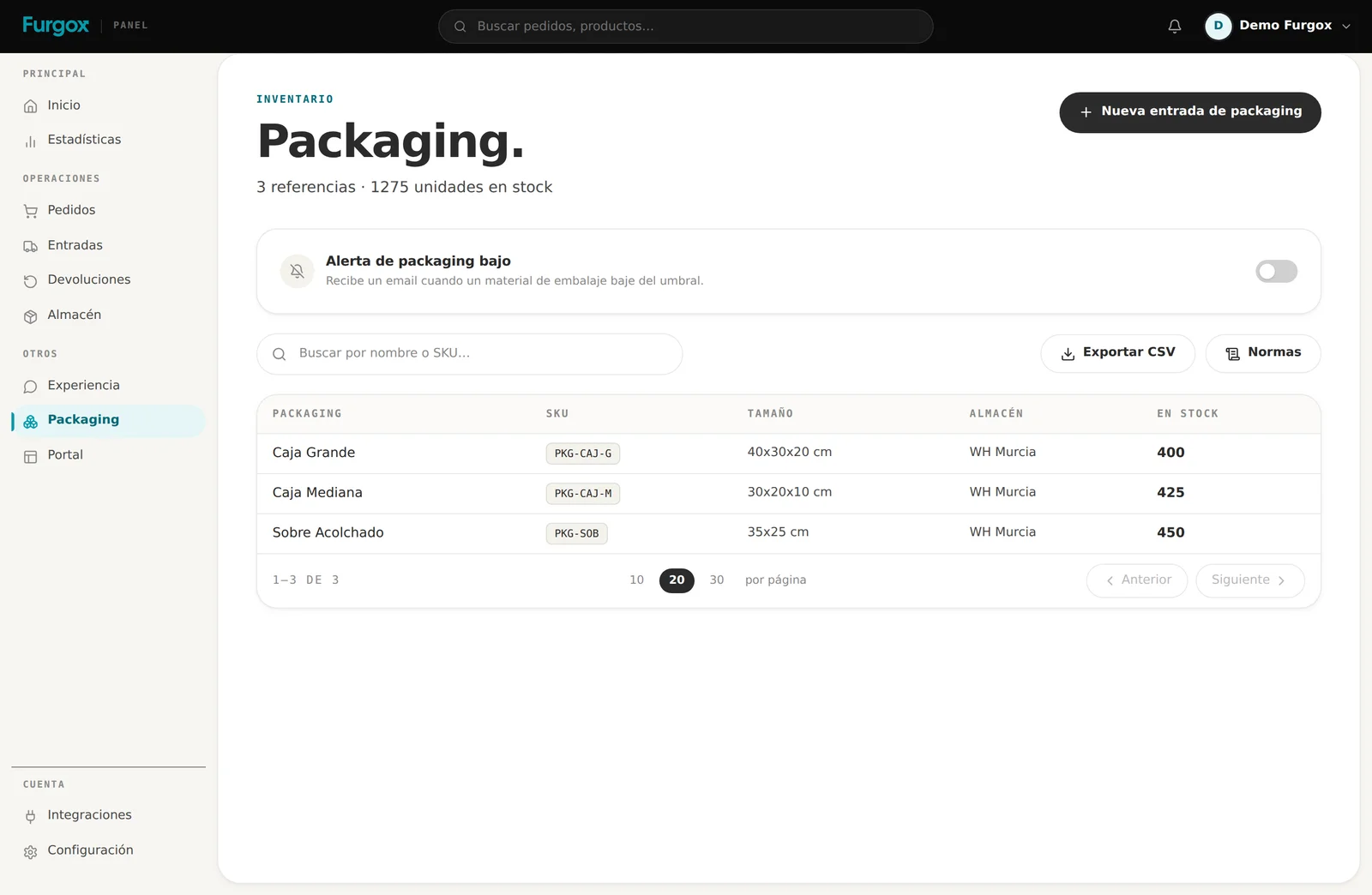 Listado de material de packaging con su stock