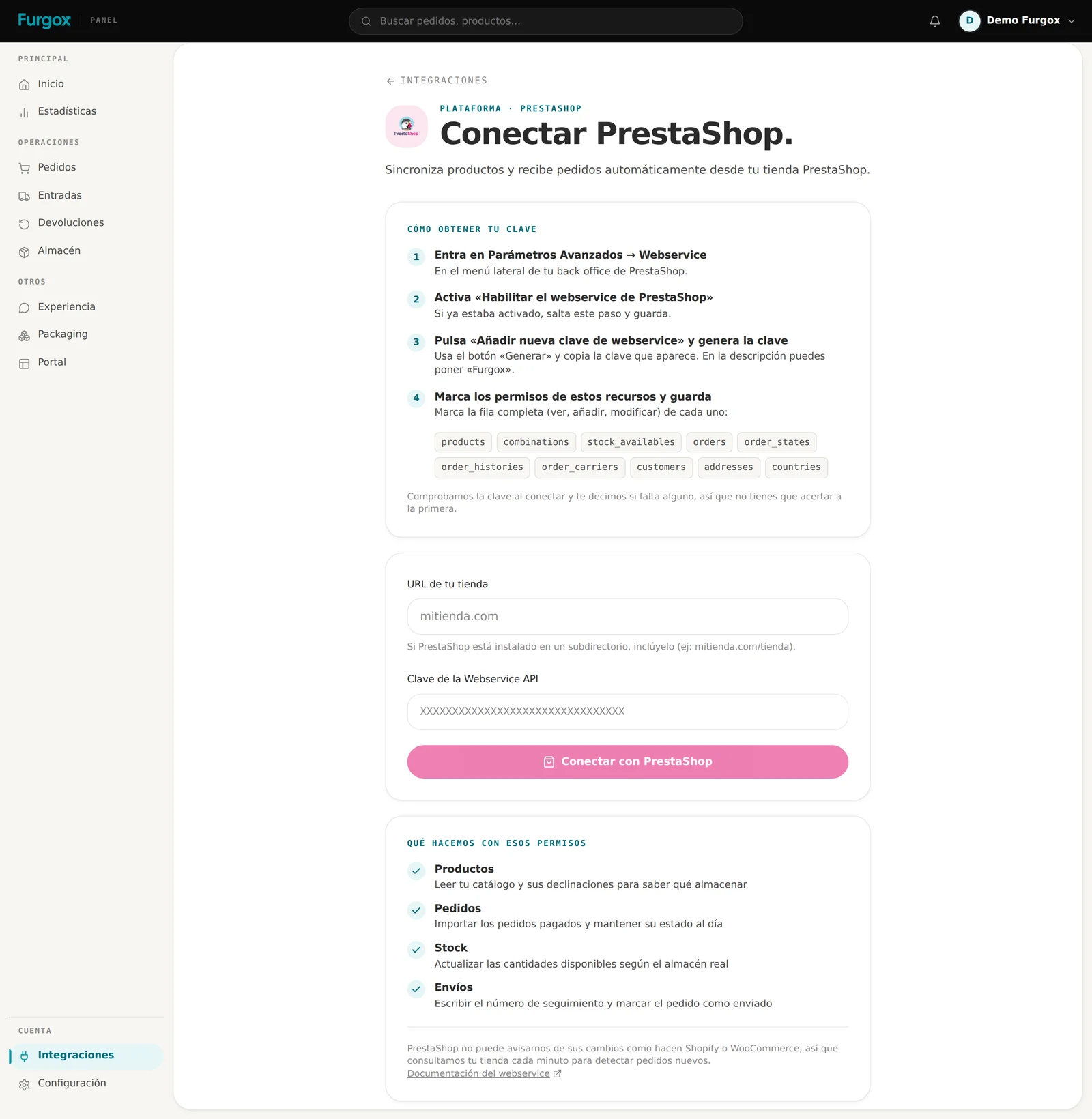 Formulario para conectar una tienda PrestaShop en el panel de Furgox