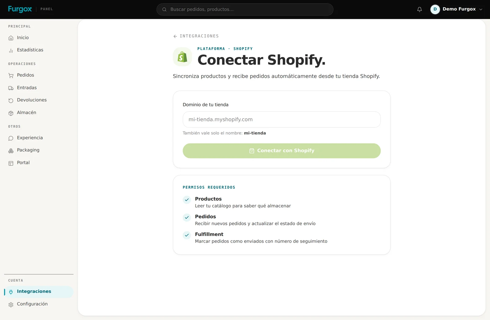 Formulario para conectar una tienda Shopify
