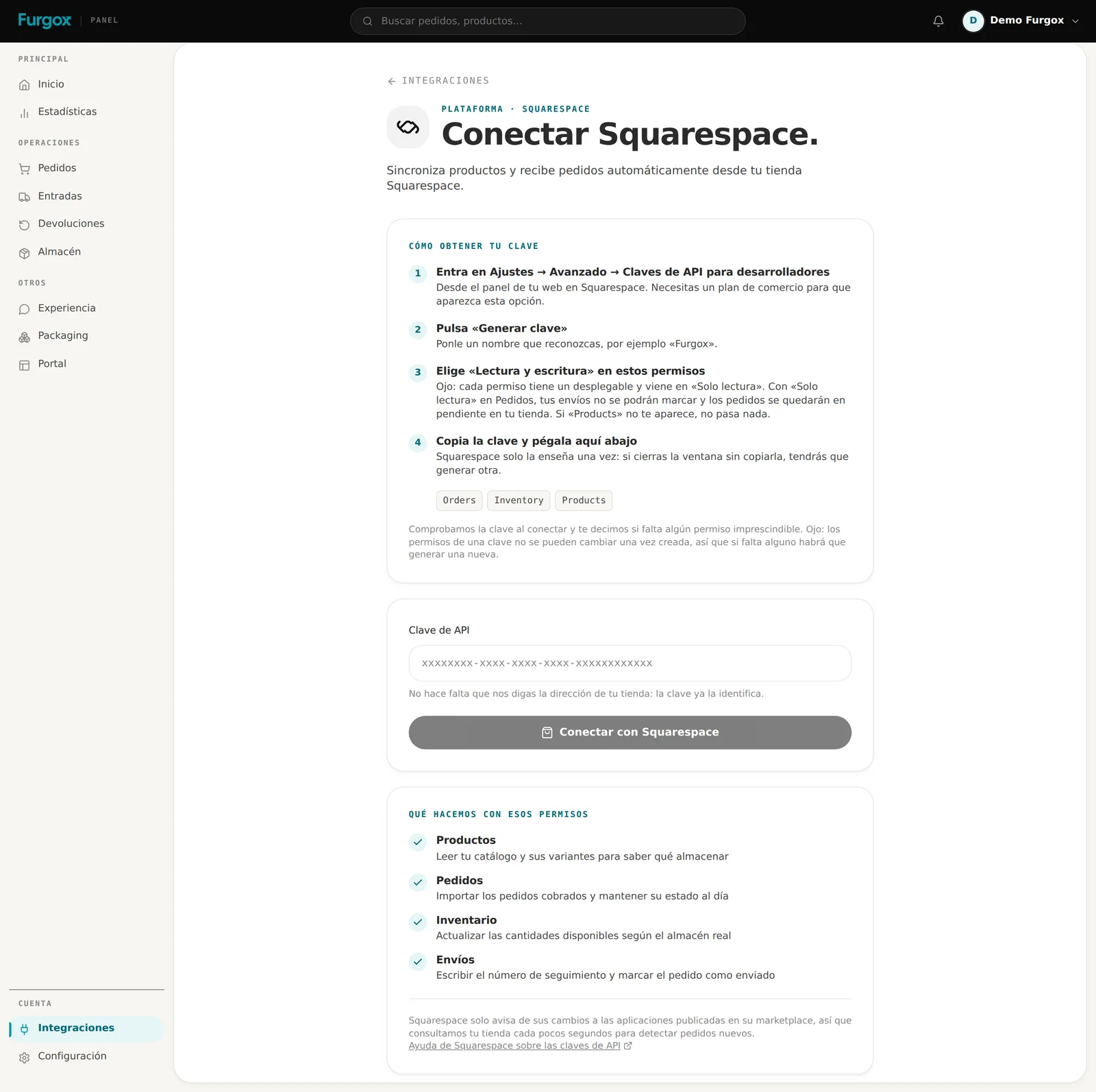 Formulario de conexión de Squarespace con los pasos para obtener la clave