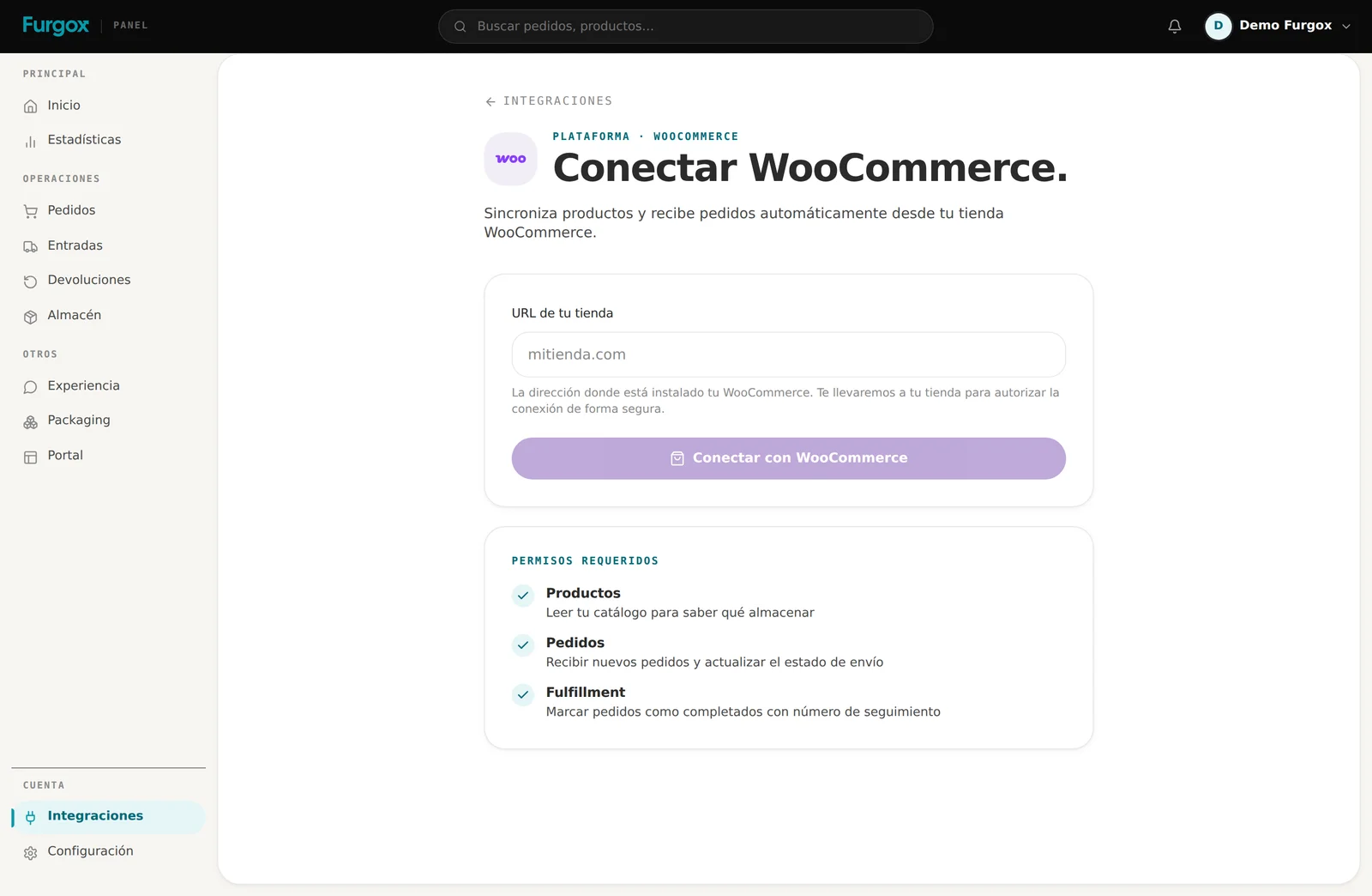 Formulario para conectar una tienda WooCommerce