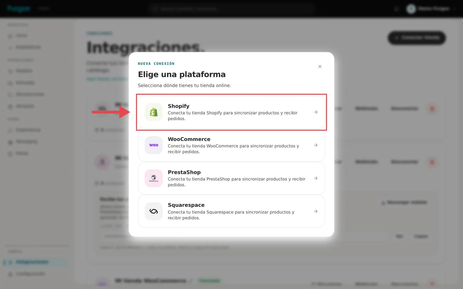 Selector de plataforma: Shopify, WooCommerce, PrestaShop y Squarespace