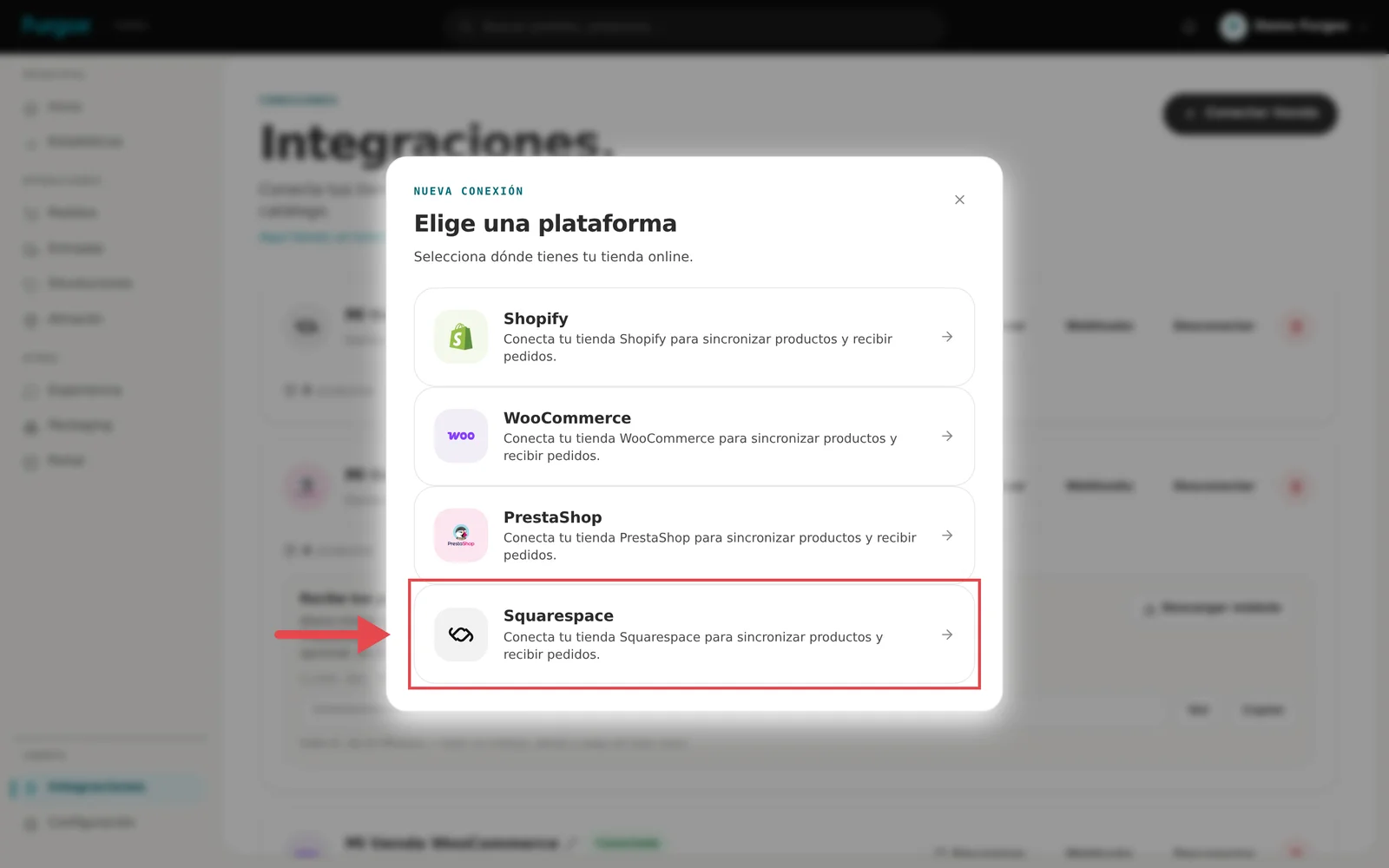 Selector de plataforma con Squarespace señalado
