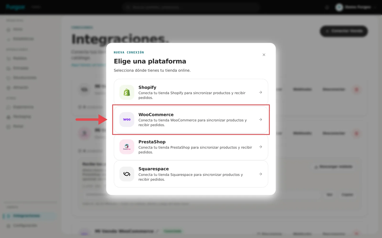 Selector de plataforma: Shopify, WooCommerce, PrestaShop y Squarespace
