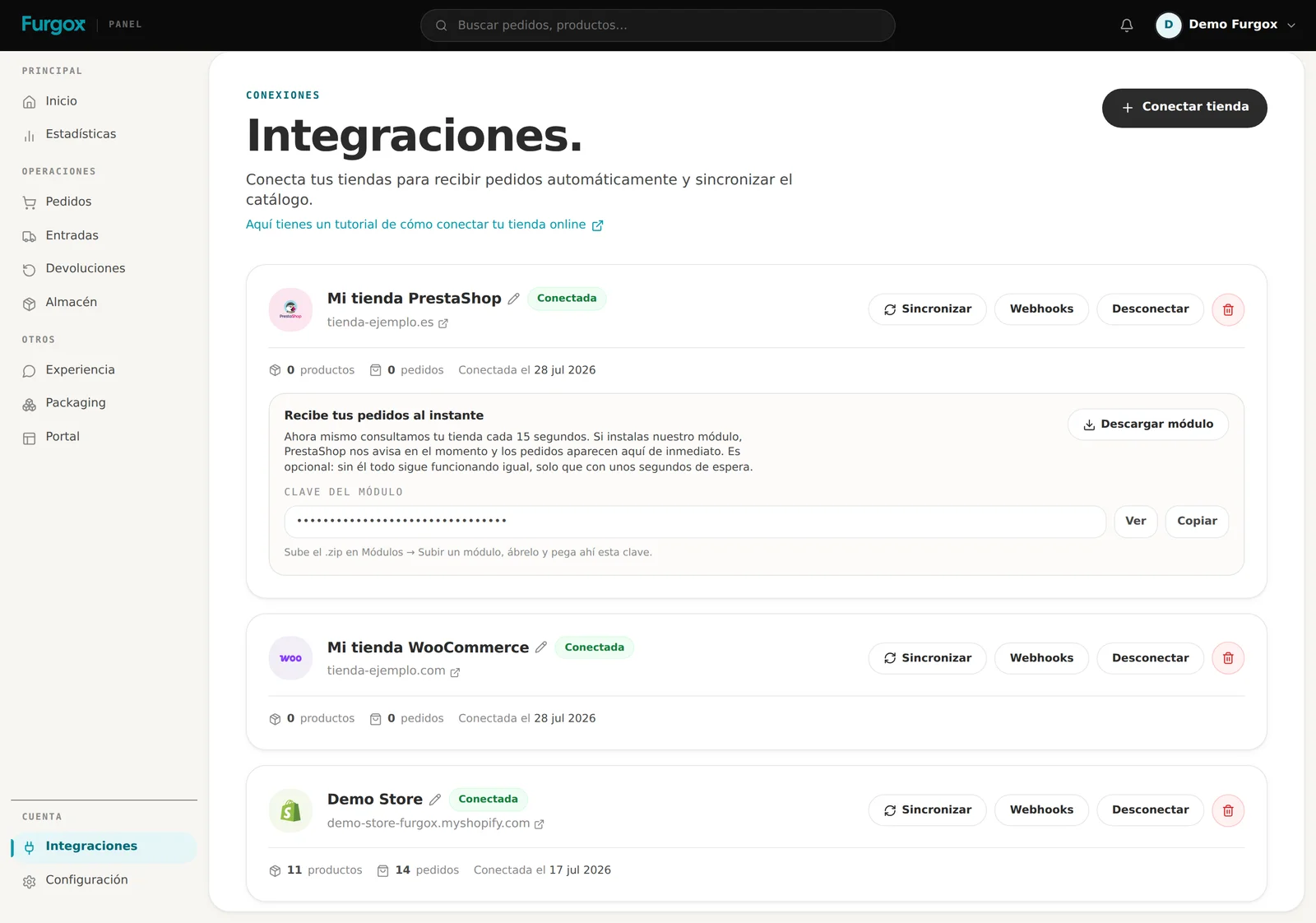 Sección Integraciones del panel de Furgox