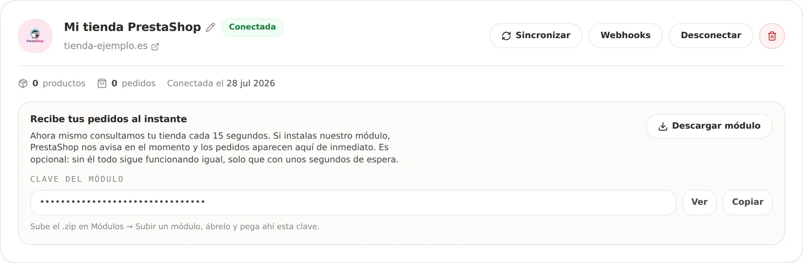 Ficha de la tienda PrestaShop con el botón de descarga del módulo y la clave