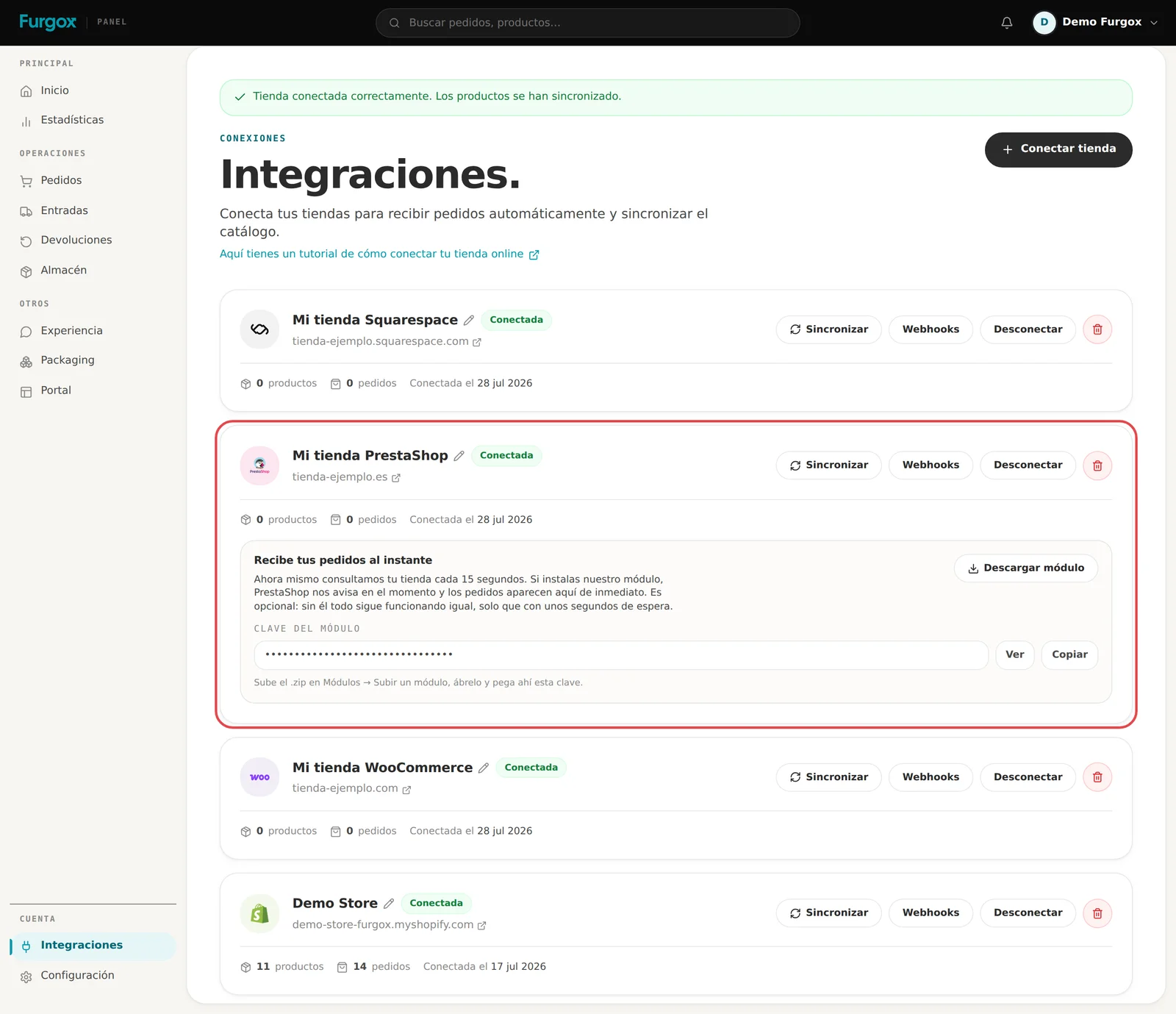 Aviso de tienda conectada correctamente en el panel de Furgox