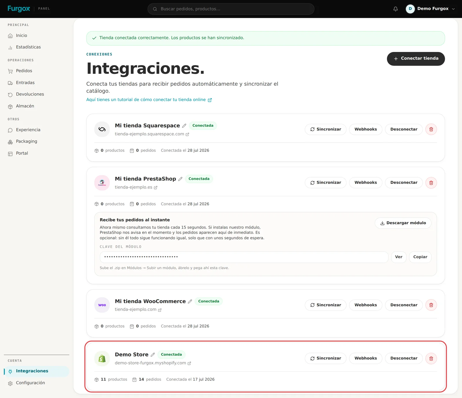 Aviso de tienda conectada correctamente en el panel de Furgox