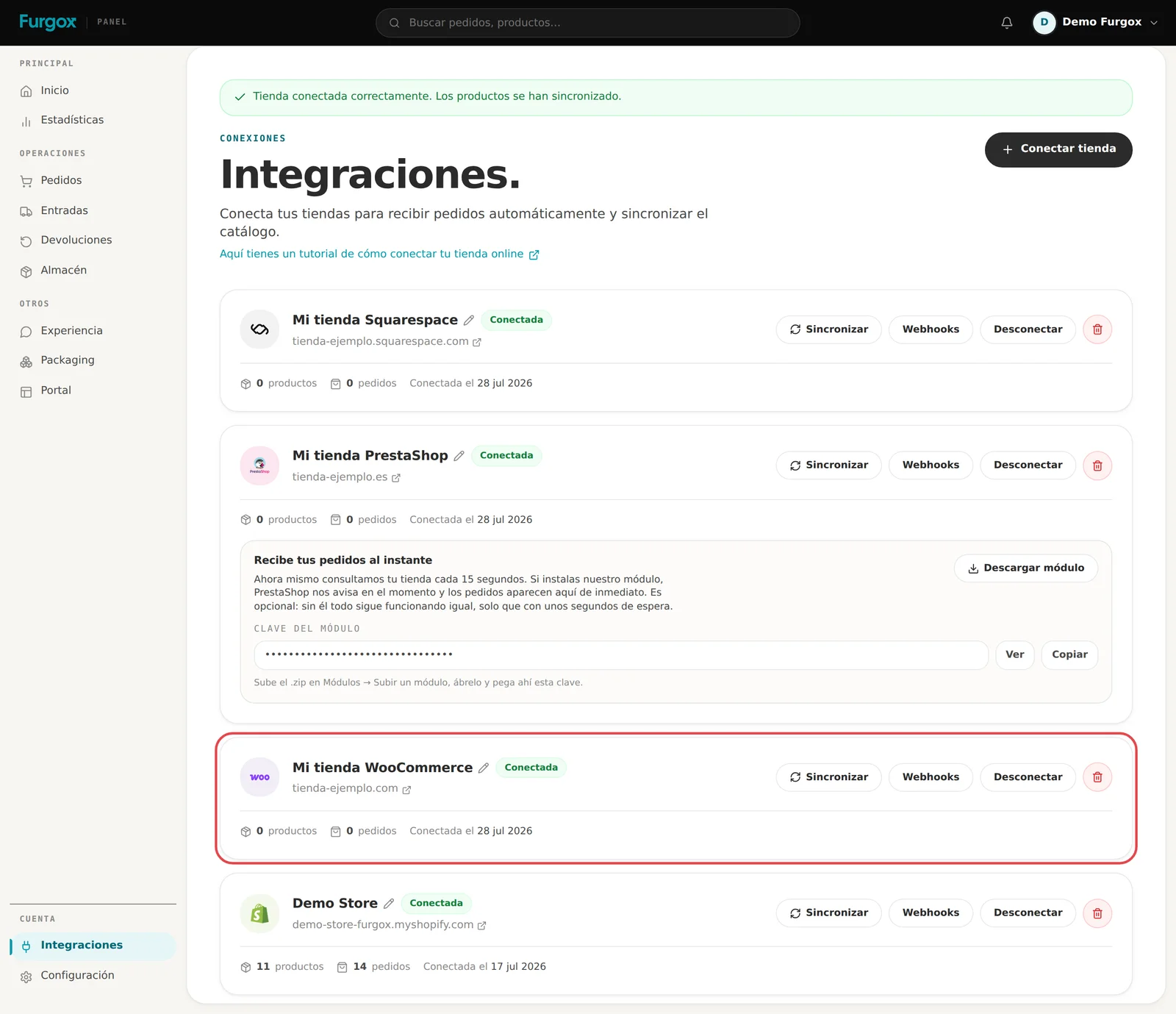 Aviso de tienda conectada correctamente en el panel de Furgox