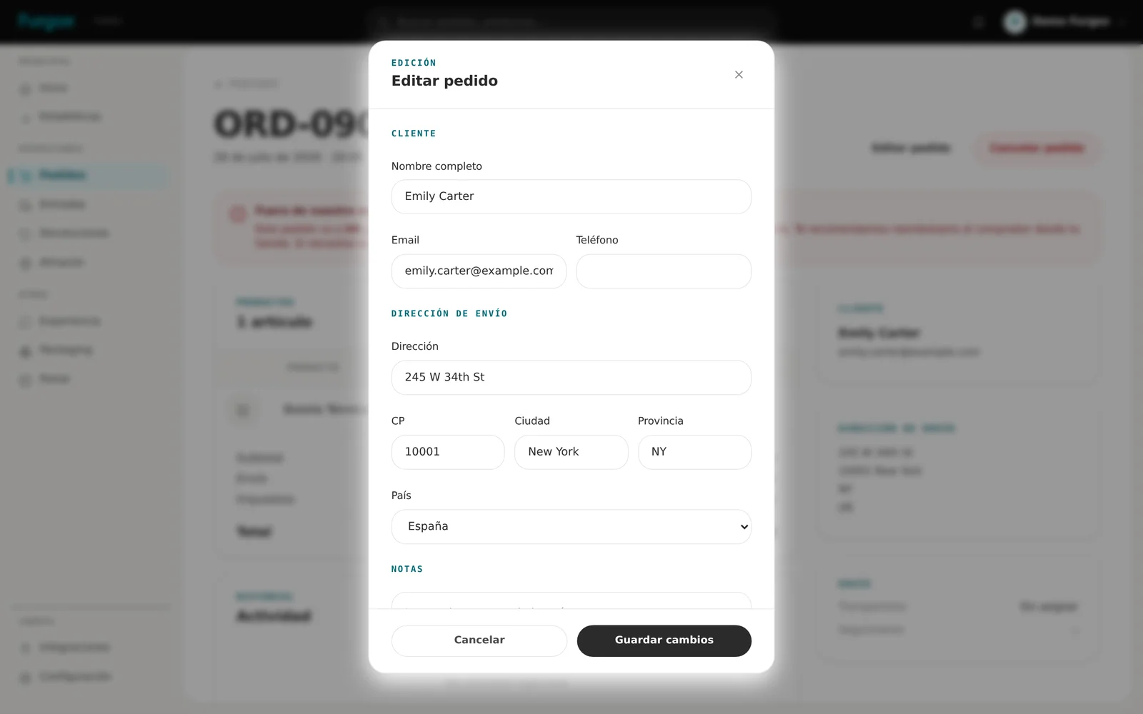 Ventana para editar la dirección de envío de un pedido