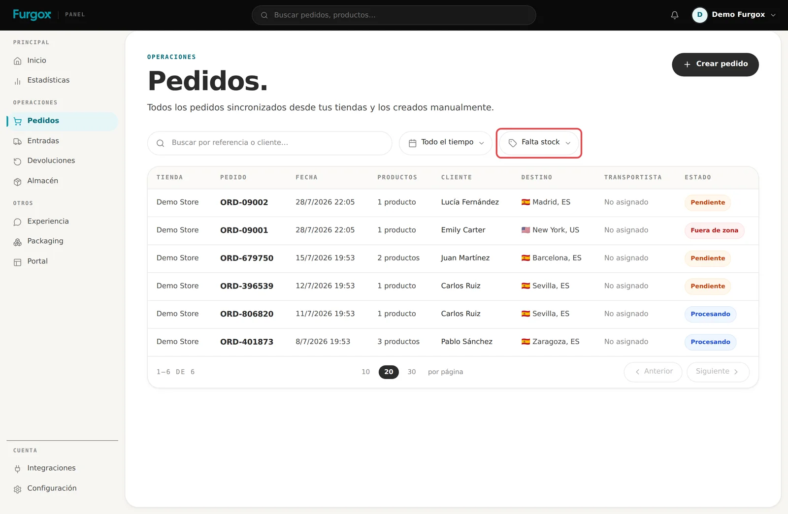 Filtro «Falta stock» aplicado en el listado de pedidos