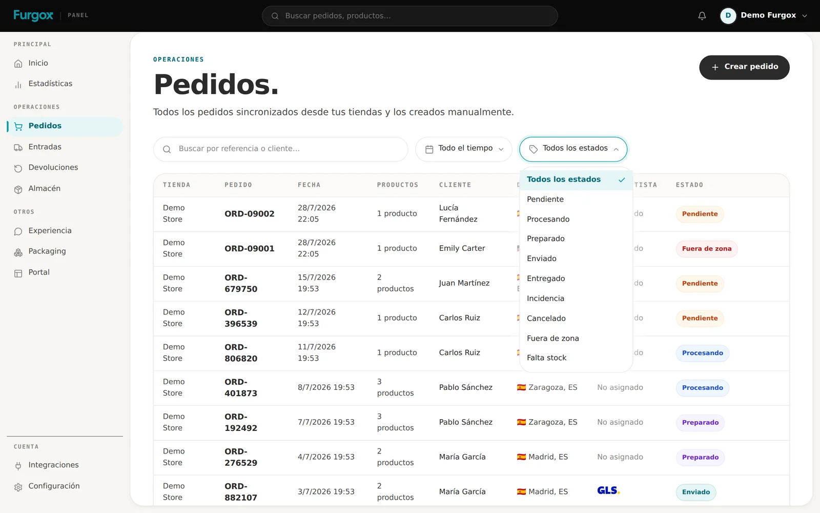 Desplegable de filtros de estado con los dos avisos al final