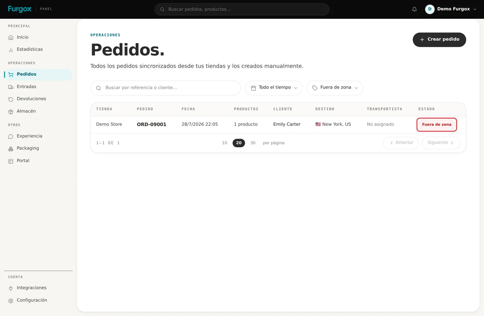 Pedido marcado como «Fuera de zona» en el listado