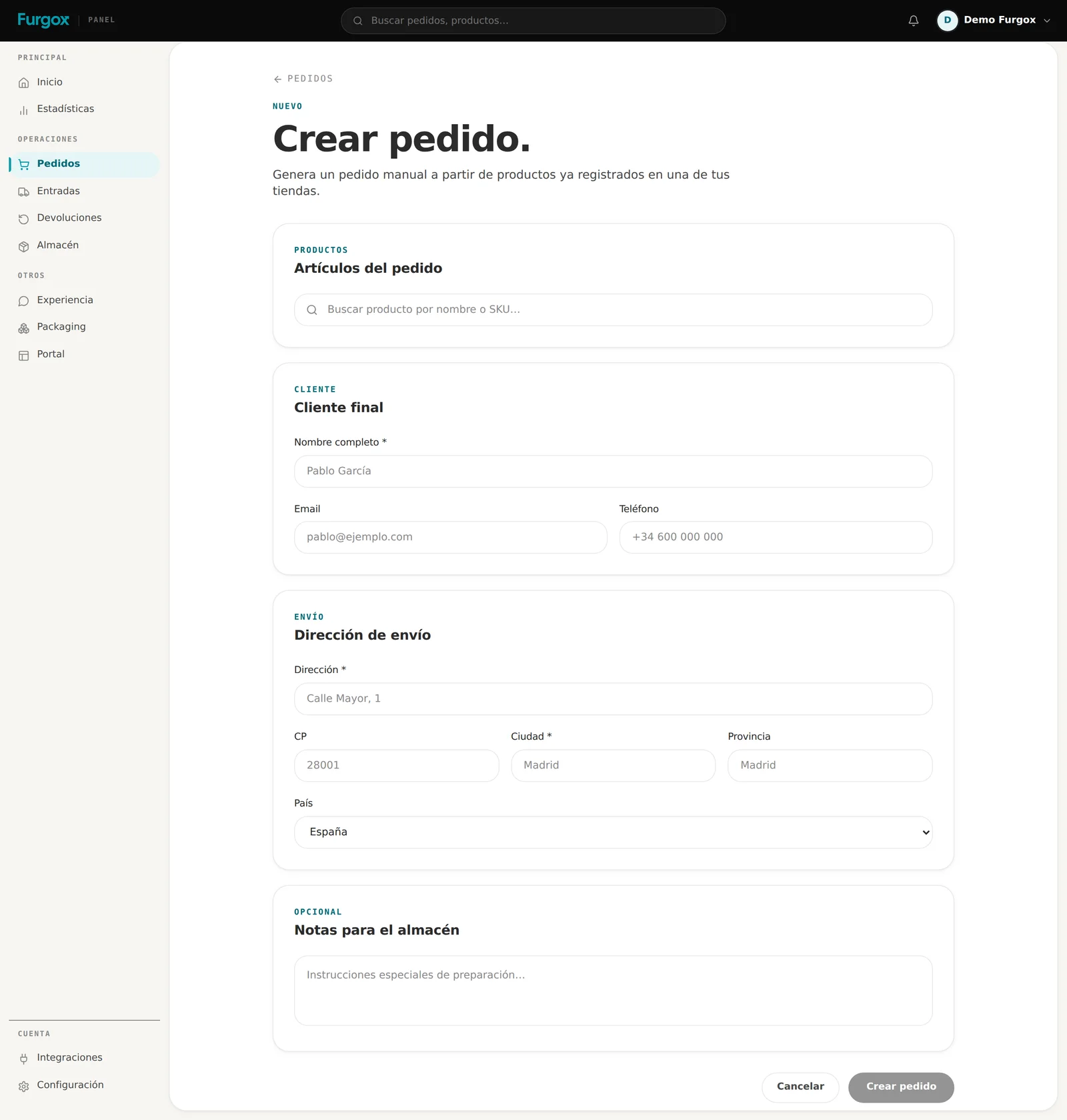 Formulario de creación de un pedido manual