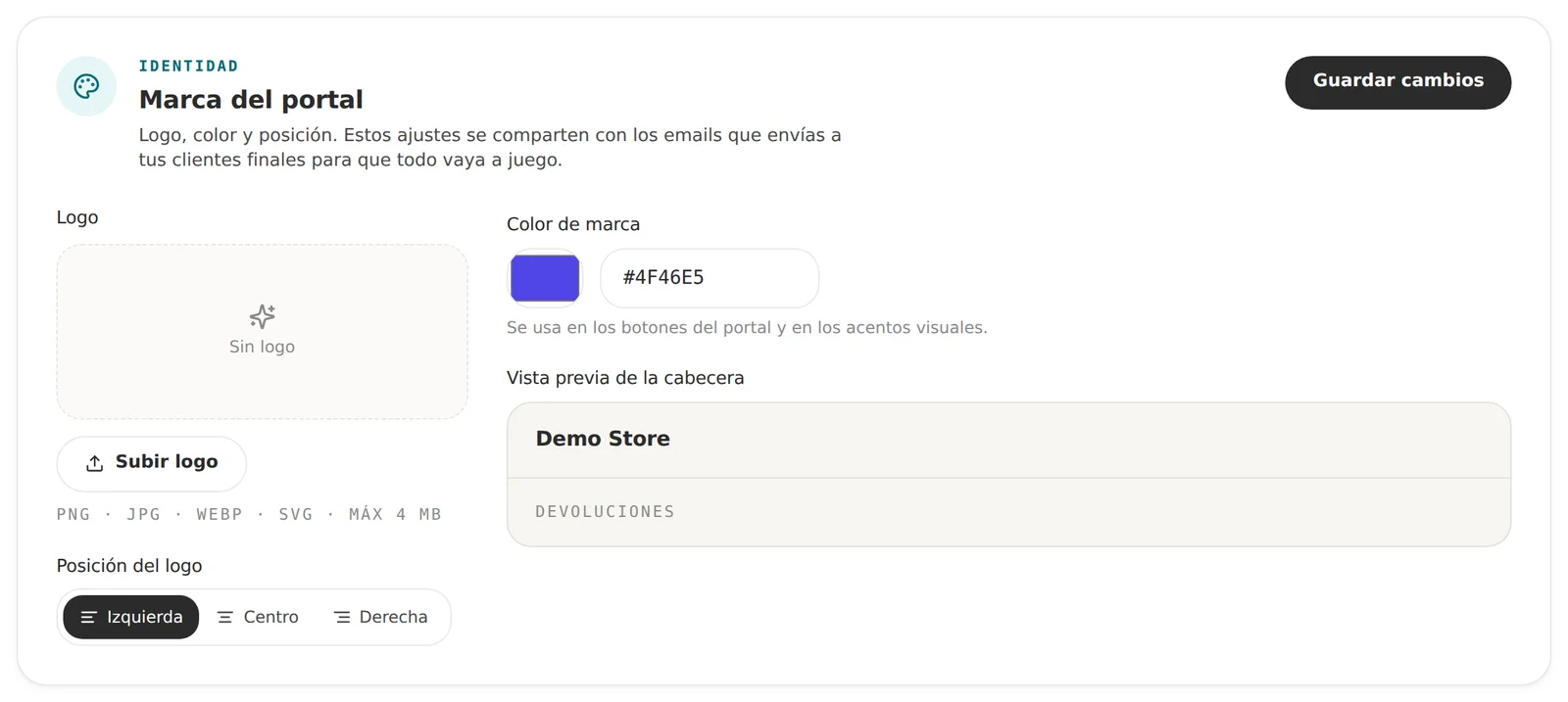 Configuración de logo, color y posición de la marca