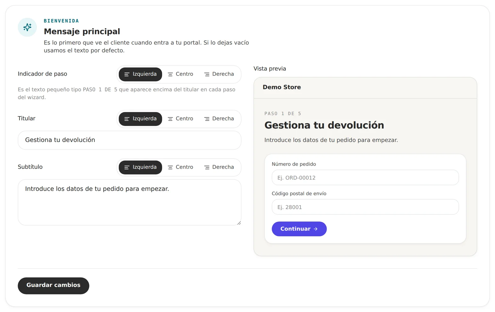 Personalización del titular y el subtítulo, con vista previa