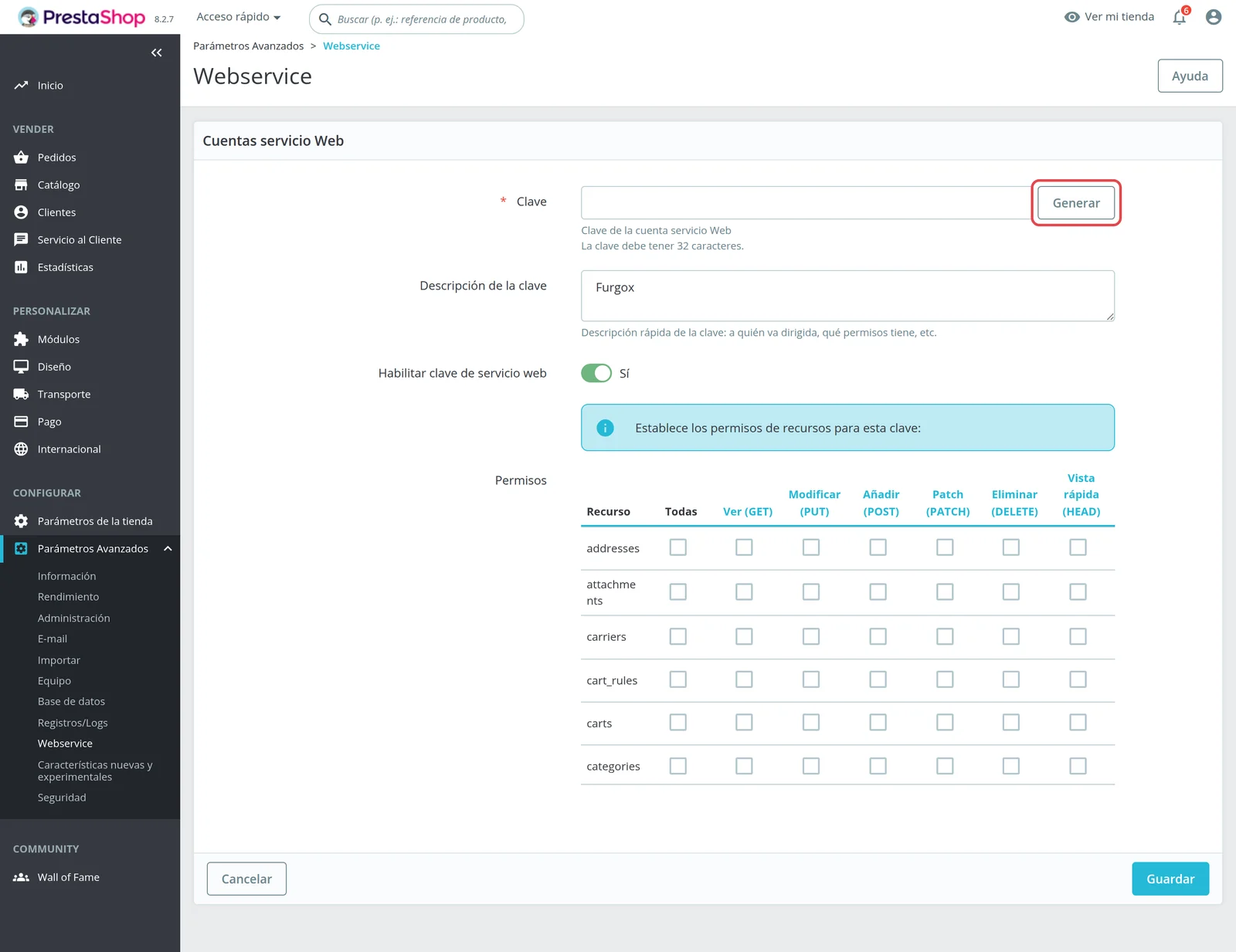 Formulario de alta de una clave de webservice en PrestaShop