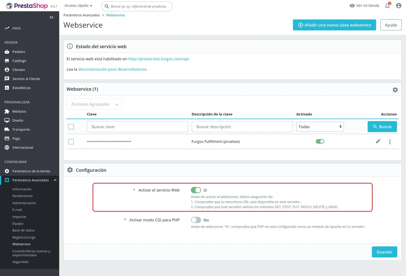 Pantalla Webservice del back office de PrestaShop, con el servicio activado