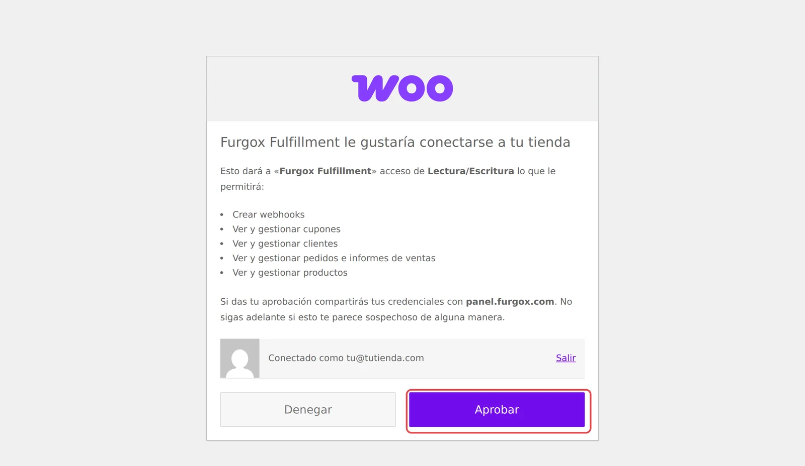 Pantalla de autorización de WooCommerce para la aplicación Furgox
