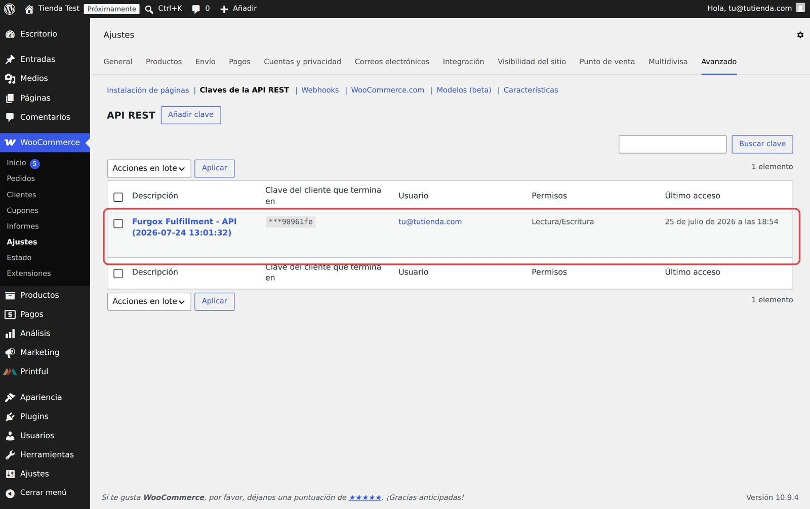 Claves de la API REST de WooCommerce, con la clave de Furgox